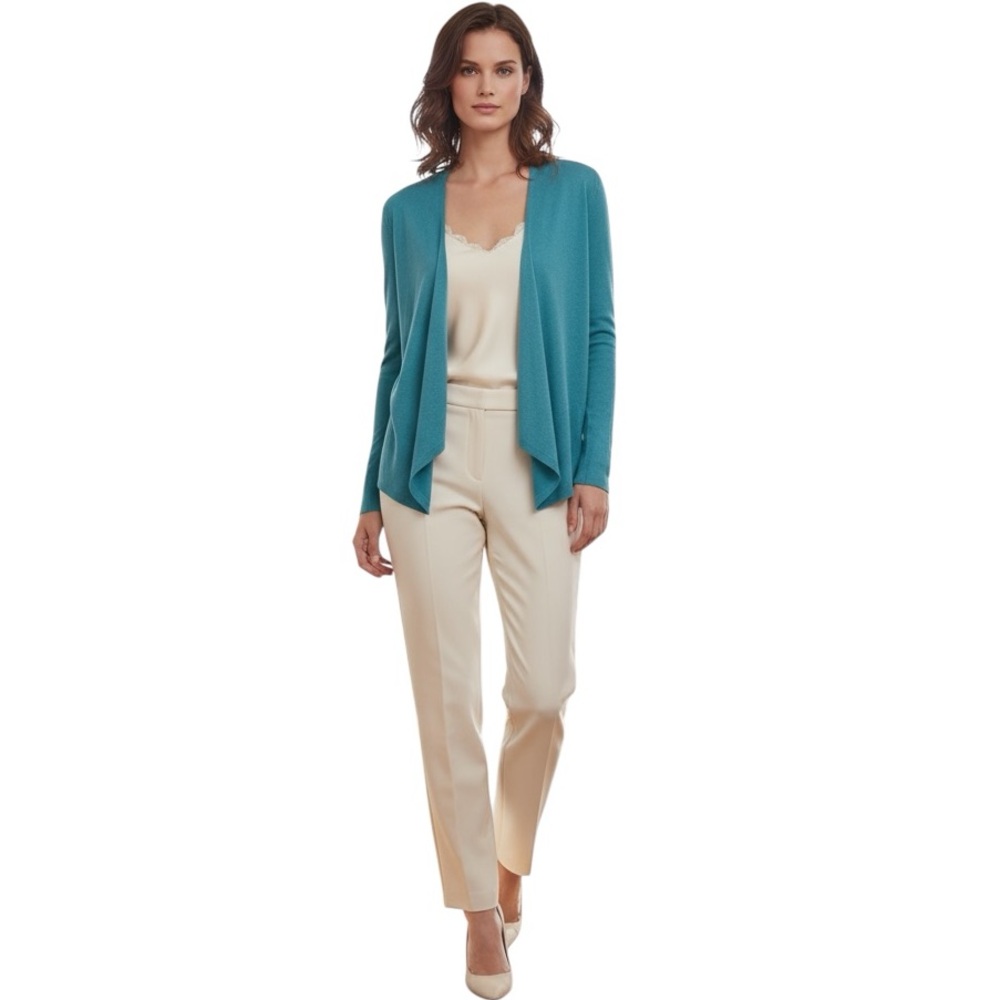 J. Jill Linen Blend Open Front Draped Knit Cardigan Sweater Teal Size Small